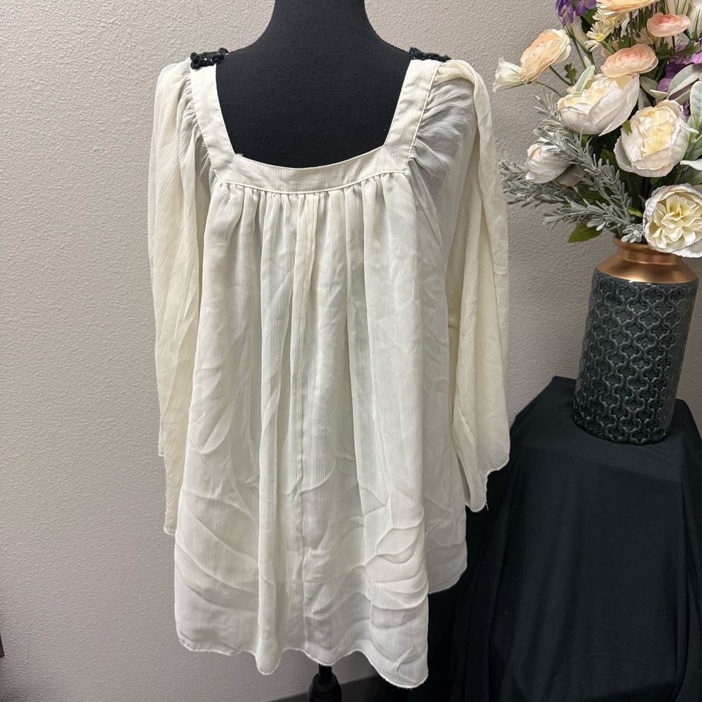 Cherry Krave Boho Peasant Top 2X | Ivory Blouse w/ Black Crochet Lace Detail - Picture 4 of 9